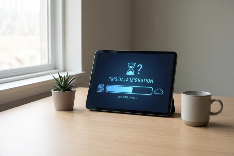 Hotel PMS data migration concept on laptop