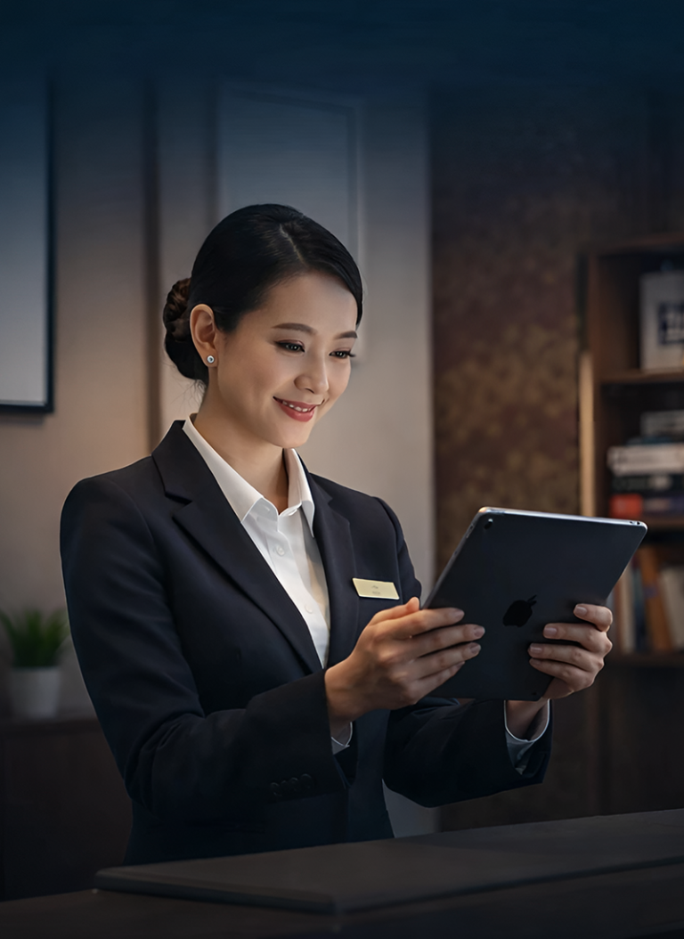 Hotel front desk agent using a hotel booking system