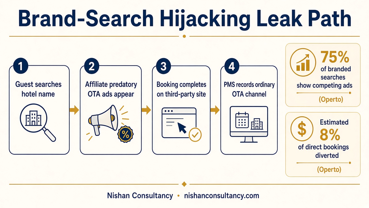 Brand-search hijacking leak path infographic